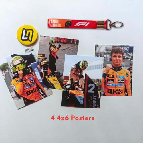 Image of TenorArts Lando Norris F1 Gift Box Merchandise for Fans - 5x7 Inches Laminated Photo Frame,1 Keychain, 1 Badge, 4 4x6 inches Posters, 10 Multi sized F1 Stickers - 5 items in 1 Box | Perfect for Gifting F1 Fans