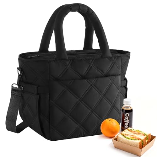 Afuosy Insulated Lunch Box for Women Men, Soft & Puffy Lunch Bag, Large Capacity Leakproof Reusable Tote Cooler Bag with 4 Pockets, Adjustable Strap, Ideal for Work, Outdoors, Picnic, Travel (Black)