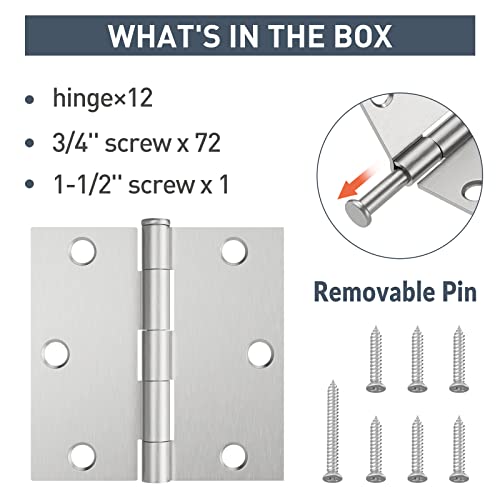 Hosom 12 Pack Door Hinges 3.5 Inch With Square Corner, Satin Nickel Interior Door Hinge For Bedroom, Bathroom, Cabinet, And More #TOP2