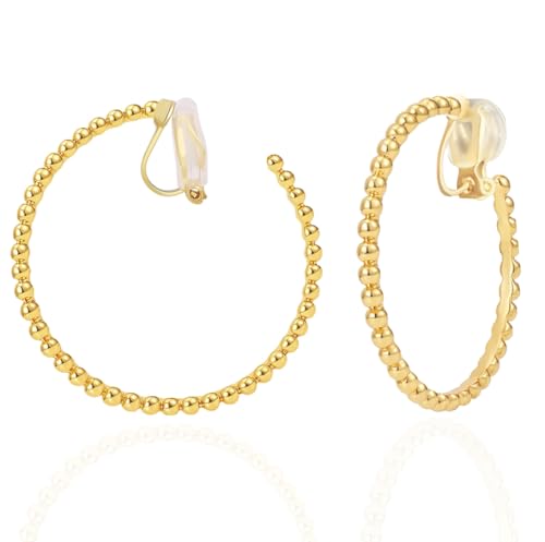 Image of FAN&LOUIS 24K Gold Plated Hoop Clip On Earrings for Women, Gold Beaded Hoop Trendy Hypoallergenic Non Pierced Earrings Painless Lightweight 38mm Clip-On Earrings