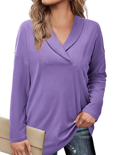Image of Women's Long Sleeve Tops Fall Shawl Neck Tunic Tops for Leggings Casual Blouse Sweatshirt