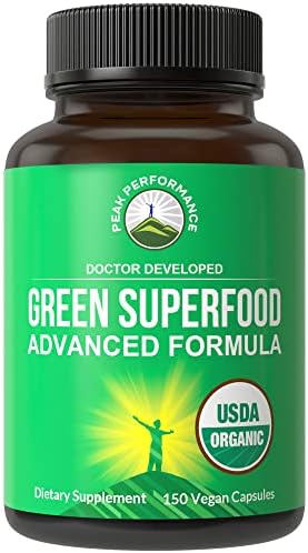 Organic Super Greens 150 Capsules – Green Juice Superfood Supplement with 25 All Natural Organic Ingredients. Max Energy and Detox Super Food Pills with Spirulina, Spinach, Kale, Turmeric, Probiotics