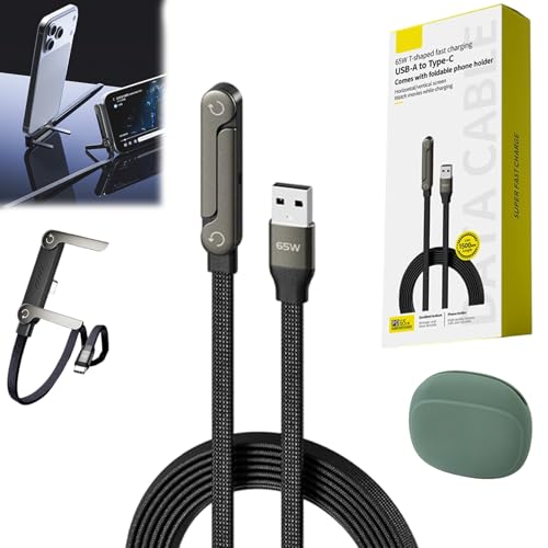 2-in-1 Invisible Holder Charger Cable – 240w Fast Charging Cord with Built-In Phone Stand, Anti-Tangle 5ft T-Shaped Foldable Multi-functional Charger Cord for Smartphones Tablets (Type A)