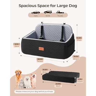 Dog Car Seat for Large Medium Dogs, Pet Car Seat Under 55 lbs or 2 Puppies, Removable Washable Pets Travel Booster Bed for Automotive Backseat with Comfy Thick Cushion, 2 Safety Leashes(Black/Gray)
