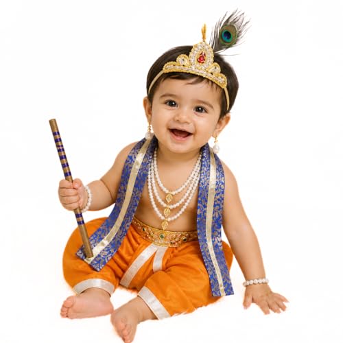 Image of ITSMYCOSTUME Krishna Dress for Baby Boy Kids Set of 10(Dhoti,Patka,Hip Cover,Mukut,Morpankh,Bansuri,Kamarband,Bajuband,Kundal) Little Krishna Ji Kanha Janmasthmi Costume for Kids