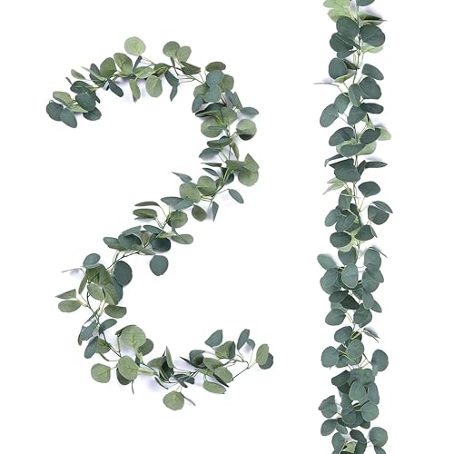 Image of Tdas Artificial Eucalyptus Garland Plant Leaves Hanging Flower Home Decor Faux Silk Leaf Silver Dollar Vines Handmade Greenery Wedding Backdrop Indoor Outdoor Arch Wall Decoration - 1 Pc (Green)
