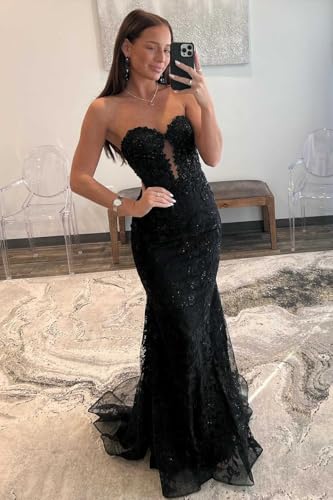 VCCICANY Strapless Mermaid Prom Dresses for Women 2025 Lace Appliques Tulle Corset Long Formal Evening Party Gowns4