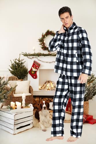 dressfan 2 Piece Unisex Plaid Pajamas Set,Quarter Zip Thermal Pajamas Pullover Christmas PJS Set for Family Couples4