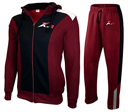 X-2 Full Zip Fleece Tracksuit Jogging Sweatsuit Activewear Hooded Black-Maroon L