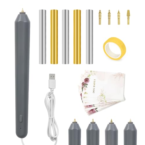 30PCS Hot Foil Embossing Stamping Pen Set Includes 1 USB Foil Quill Pen with 4 Size Metal Tips 5 Hot foil Rolls 20 Cards 1Adhesive tape for DIY Craft Embossing Scrapbooking Craft Stamping Project