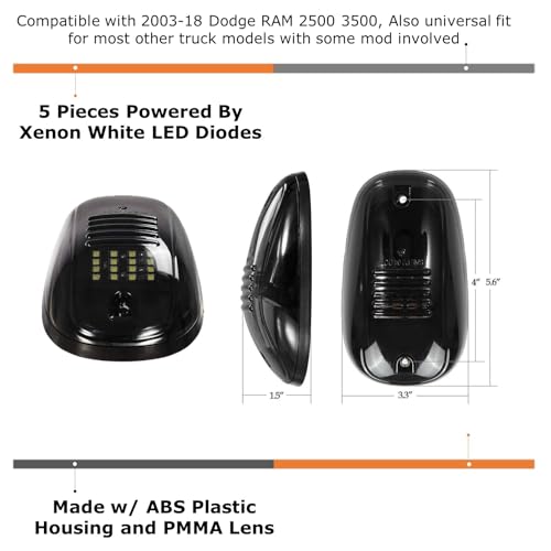 iJDMTOY 5pcs White LED Cab Roof Top Marker Running Lights For Truck SUV 4x4 (Black Smoked Lens Lamps)