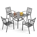 PHI VILLA 5 Pieces Outdoor Dining Set for 4, 37” Black Square Wrought Iron Table with Umbrella Hole & Stackable Chairs, Outside Metal Furniture for Patio, Deck, Yard, Porch