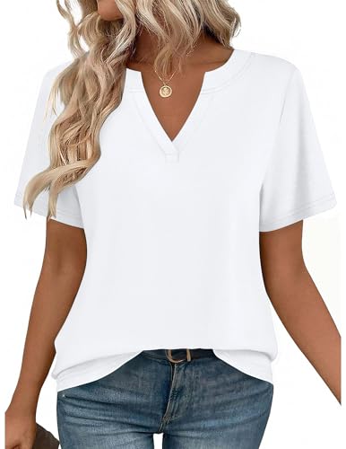 Zeagoo White Shirt Womens Casual Short Sleeve V Neck Tshirts Solid Color Western Summer Tunic Tops XL
