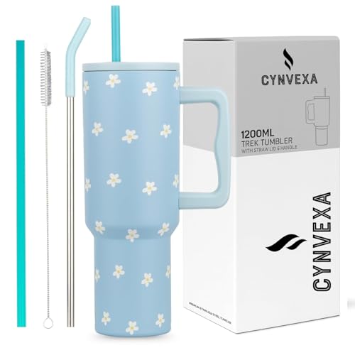Image of CYNVEXA Tumbler with lid and Straw 1200ML Cup Stainless Steel Vacuum Insulated Tumbler for Water, Iced Tea or Coffee 1.2L Office Gym Travelling(Retro Mint Flower)