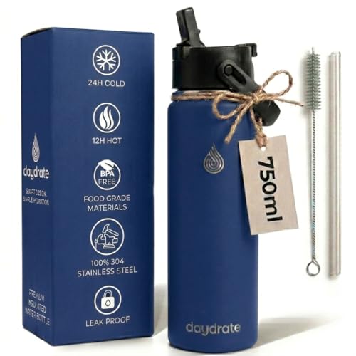 Insulated Metal Water Bottle with Straw 750ml- Stainless Steel Water Bottle, BPA Free, Dual Lid Straw & Spout, Leakproof, 24 Hours Cold & Hot, Work, Travel, Gym Bottle for Men & Women - Blue- Daydrate