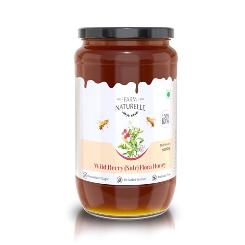 Image of Farm Naturelle - Wild Berry Flora Honey 1kg | 100% Pure, Raw, Natural, Unprocessed & Unheated | Includes 850g + 150g Extra with a Wooden Spoon | Lab-tested Honey in a Glass Bottle