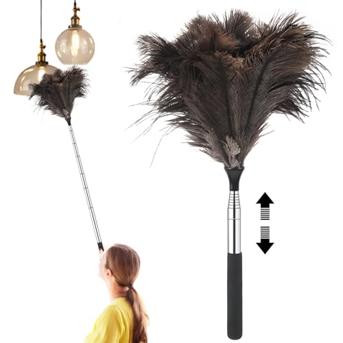Extendable Feather Duster, 115cm Ostrich Feather Duster Extendable and Reusable, for Cleaning High Ceilings Lights, Cupboards, Home, Car, Office