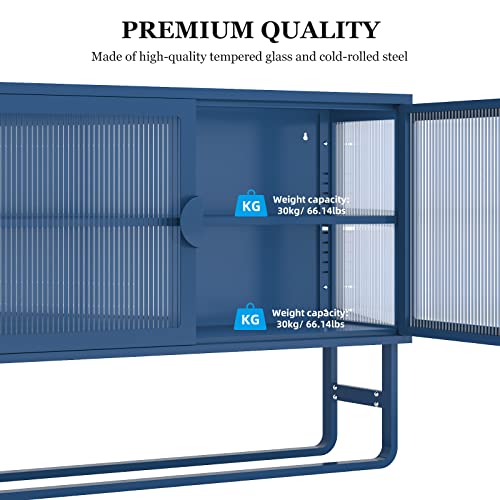 Double Glass Door Storage Cabinet With Adjustable Shelf,U-Shaped Leg Cold-Rolled Steel Sideboard Furniture For Living Room Kitchen (Blue) #TOP5