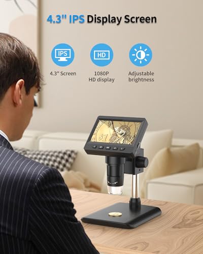 Mikroskop, LCD Digital Mikroskop 1000X 4,3-Zoll 1080P USB Mikroskop mit 8 einstellbaren LED Licht, PC-Ansicht, kompatibel mit MacOS Windows(Schwarz)