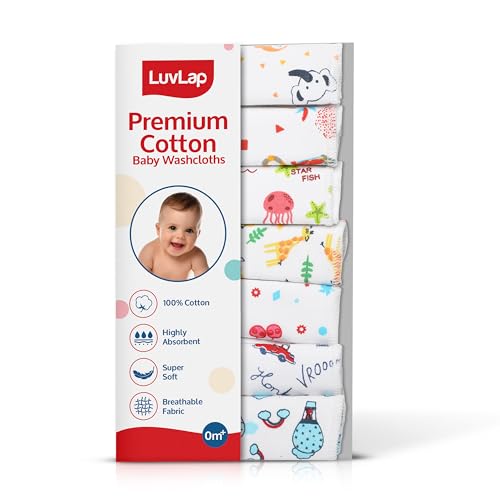 LuvLap Hosiery Cotton Cloth Premium Baby Washcloth for New Born, Washable (22 cm x 22 cm), Reusable, Absorbent, Extra Soft Face Towels/Washcloth for Babies, Cherry Print, Pack of 7 Pcs, Multicolour