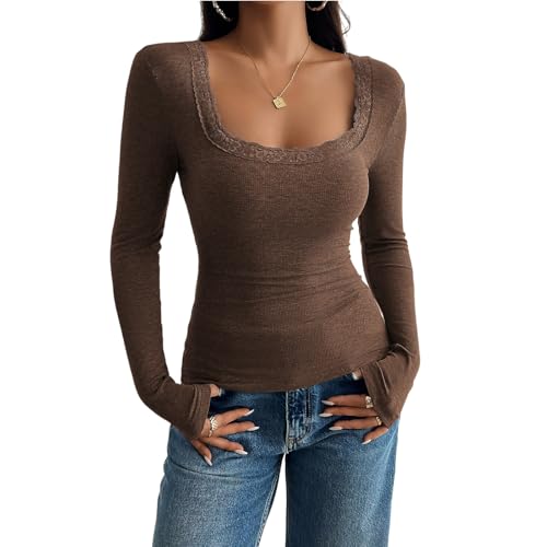 T-shirt à encolure carrée en maille douce et ajustée, coloris café S