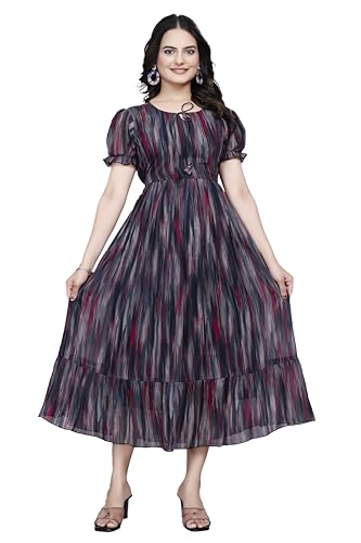Image of Women Gown with Abstract Print | Georgette One Piece Dress with Puff Sleeves | Round Neck Tiered Midi Frock for Women | Ladies Western Maxi Dress