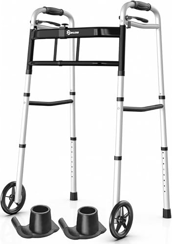 Folding Walking Frame with Wheels Lightweight Aluminium Zimmer Frame Height Adjustable Walker for Elderly & Disabled Stable Frame up to 160kg (Black 2 Layer)