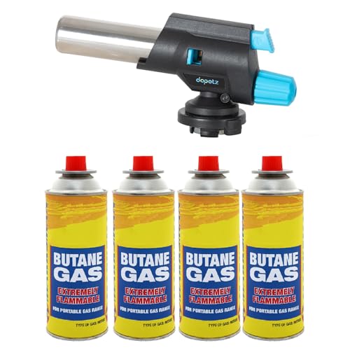 Dapetz ® Soplete con 4 botellas de gas butano – para camping, cocina, barbacoa, postres, crema brulee | Recarga de soldadura lanzallamas de encendido automático para soldar y quemar malas hierbas