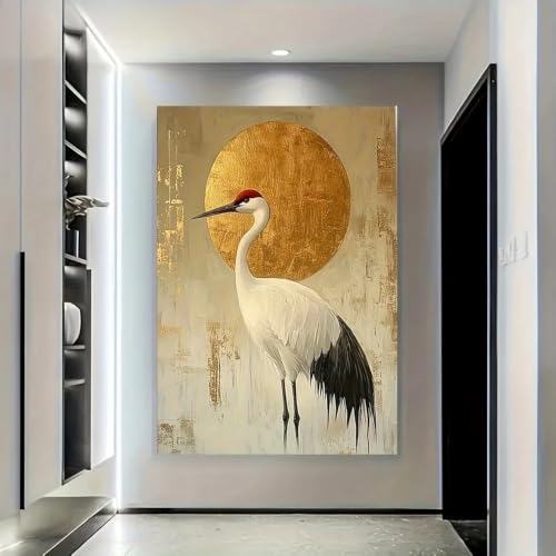 Lámina de grulla de corona roja pintura en lienzo premium con sol dorado artístico 80x120cm 2