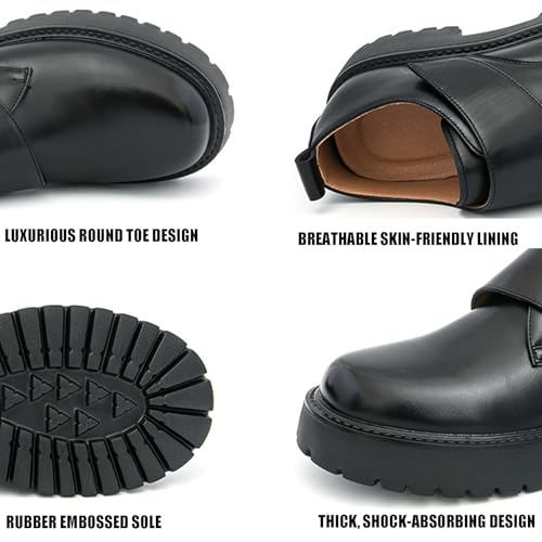 Men's Leather Slip-On Platform Loafers Luxury Round Toe Adjustable Hook and Loop Lug Sole Business Office Dress Shoes Daily Breathable Non-Slip Casual Shoes3