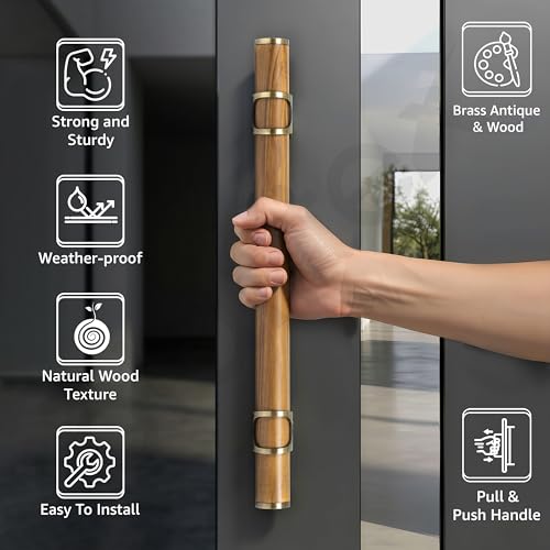 Image of Plantex 12 Inch Main Door Handle /Stainless Steel & Wooden Door Handle /Pull-Push Handle for Door /Office & Hotel - Pack of 1 (DTMD-428, Brass Antique & Wood)