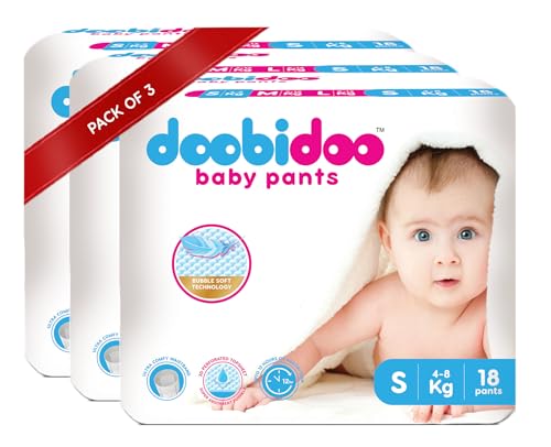 Image of Doobidoo Baby Pants Diapers - Small Size | All-Round Softness with Bubble Soft Topsheet & Anti-Leak Side Cuffs | Rash-Free Comfort & Long-Lasting Absorbency for Babies (4-8 kg) - Pack of 3 | 180 Count