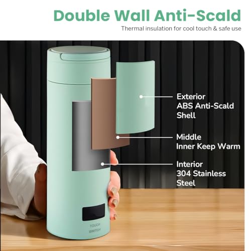 Image of Goodscity Portable Electric Kettle Travel Water Bottle For Boiling Hot Water Milk With Cool Touch Exterior, Auto Shut Off, 300W fast Heating, Leakproof, 1 Touch Screen, 500 Ml, Green, 1 year Warranty