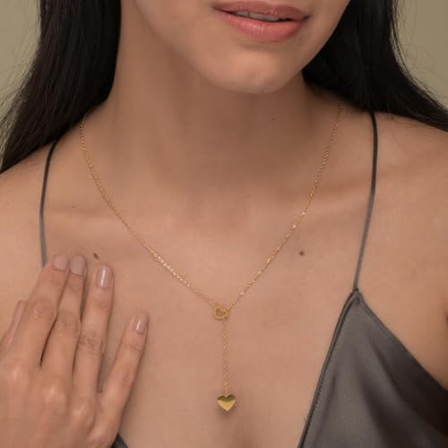 Image of PALMONAS 18k Gold Plated Two Heart Gold Lariat Necklace for Women - Gift for Girls & Women | Waterproof & Anti-Tarnish Necklace