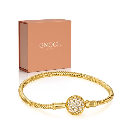 GNOCE Charm Bracelet S925 Sterling Silver 18K Gold Plated DIY Snake Chain Charm Bracelet Dainty Bangle with Crystal Round Shape Clasp