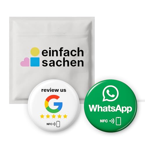 Engels Mix set: 1 x "Review us" on Google + 1x Whatsapp NFC-sticker - zelfprogrammeerbaar, herbruikbaar - 3M lijm - 3 cm Ø - Boost Reviews & Instant Messaging Access