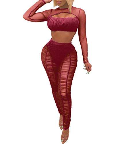 Salimdy See Through Sheer Mesh 2 Pieces Outfits Jumpsuits Crop Top and Hollow Out Long Pants JRomper Wine Red M