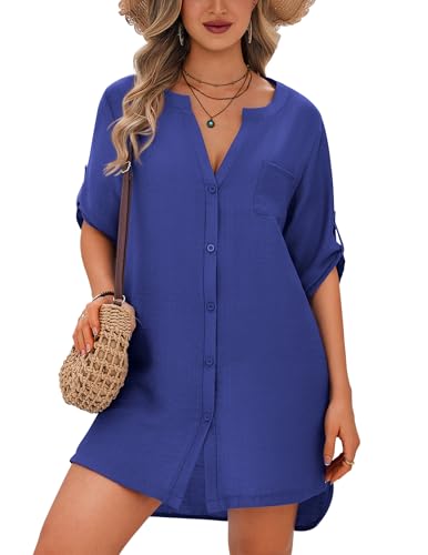 Image of Ekouaer Bathing Suit Cover Up for Women V Neck Button Down Swimsuit Coverup Beach Dress Shirt S-3XL