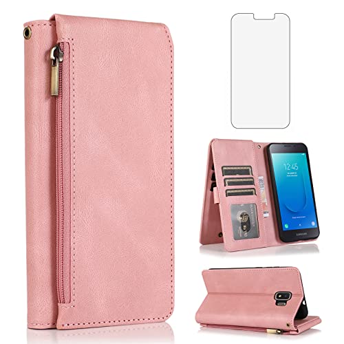 Asuwish Compatible with Samsung Galaxy J2 Pure J2 Core 2018 2020 J 2 Dash 2J Shine 2019 Wallet Case Tempered Glass Screen Protector Zipper Flip Cover Card Holder for J2Core J2Dash J2Pure SM-J260A Pink