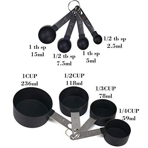 FONYA 8-Piece Black Measuring Tools - Nylon, 4 Measuring Cups / 4 Measuring Spoons with Metal Handles for Liquids and Solids