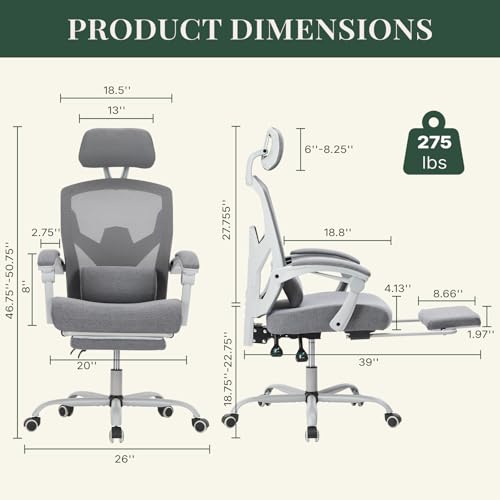 Image of Ergonomic Office Chair with Footrest, High Back Home Desk Computer Chair with Lumbar Support & Headrest, 90-135 Reclining Mesh Back with Wheels for Work, Gaming, Grey