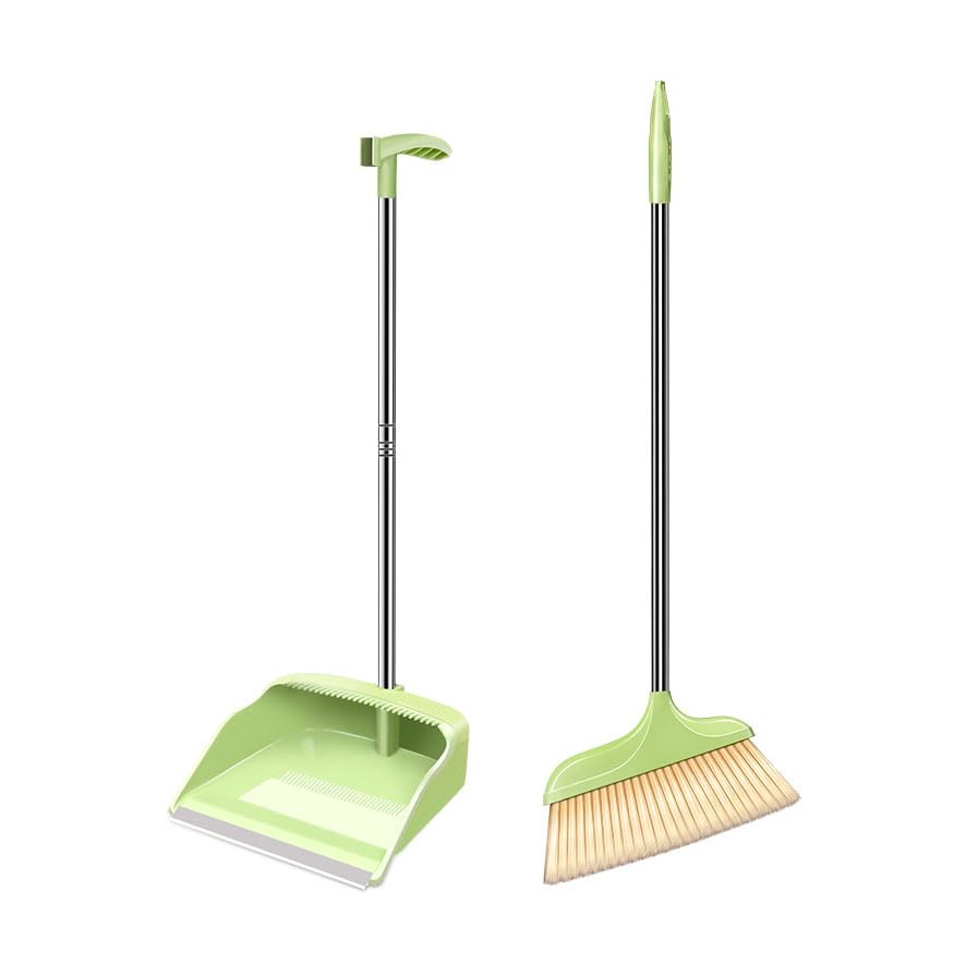 Indoor Broom and Dustpan Set,41" Height Broom with Stand Up Dustpan,Anti-Scratch Edge, 15°Angle Ergonomic Design,Seamless Rubber Strip Fit The Ground to Avoid Dust Leakage,Used for Home Office