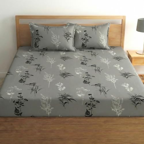Image of Fashion String Microfibre Monochrome Wild Fern Corner Elastic Fitted Double Bedsheet (72x78 Inches) with 2 Pillow Covers