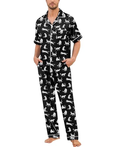 Image of SWOMOG Mens Silk Pajamas Set Satin Pj Set Short Sleeve Sleepwear Button Down Lounge Set with Drawstring & Pockets S-3XL