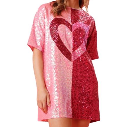 FeMereina Vestido corto de lentejuelas con estampado de corazón para mujer, vestido camisero de manga corta con purpurina brillante, vestido de fiesta para el día de San Valentín, rosa, L
