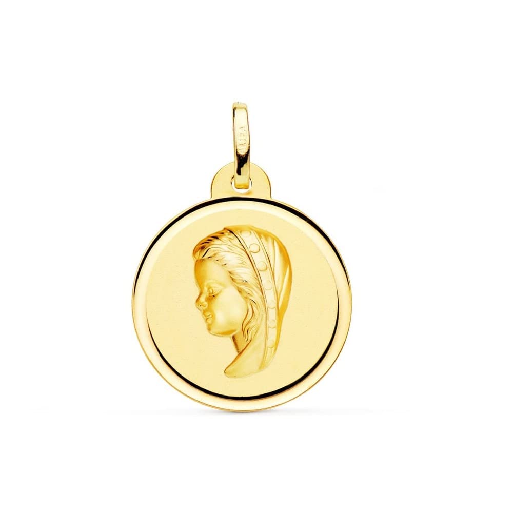 Virgen Niña medalla oro 18k Primera Comunión colgante 16mm. bisel liso