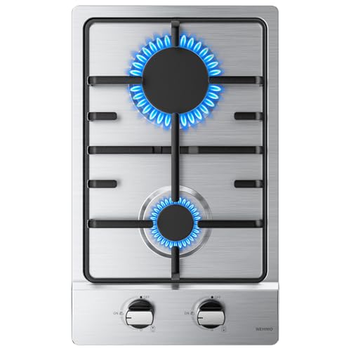 WEHIMO - Placa de cocina de Gas de 2 fuegos, 2 fuegos inox, cocina de gas con 2 quemadores, empotrable, rejilla de hierro fundido, 3700 W, ciudad y botella
