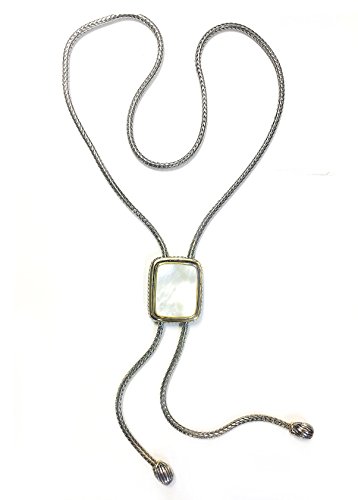 Two Tone Rhodium Plated Brass Fox Chain Mother of Pearl Cable Pendant Lariat Sliding/Adjustable Necklace - 30
