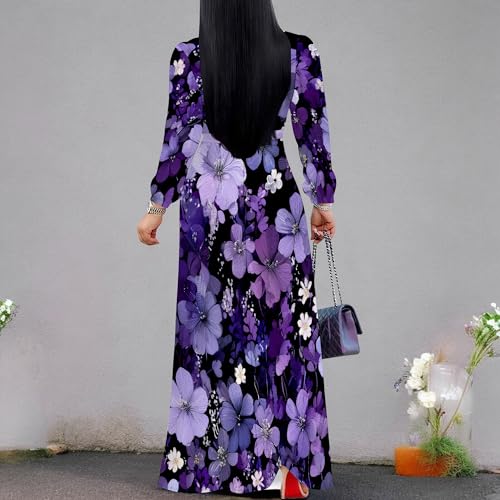 Image of Women Plus Size Long Sleeve V Neck Maxi Dress with Belt | Soft fabric relaxed fit three quarter sleeve v neck with pockets for party and daily wear