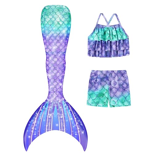 Girls Tankini Swimsuit Mermaid Cute Bathing Suits Ruffle Top with Shorts Bikini Fish Tail Set Toddler Kids Swimsuits Purple Green 3t 4t